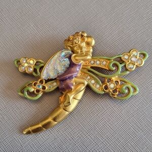 VTG Kirks Folly Woodland Fairy Dragonfly Matte Goldtone Brooch Enamel AB Large